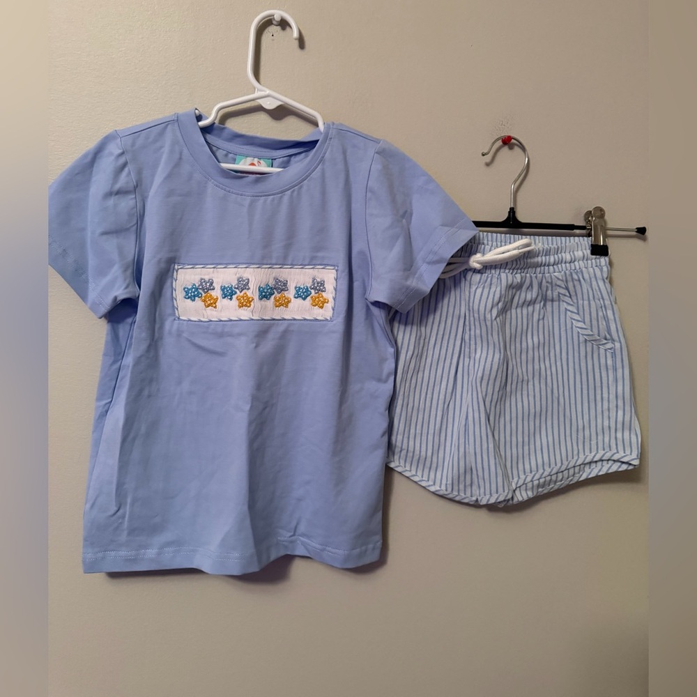 The Smocked Flamingo Blue Smocked Shirt with matching Shorts